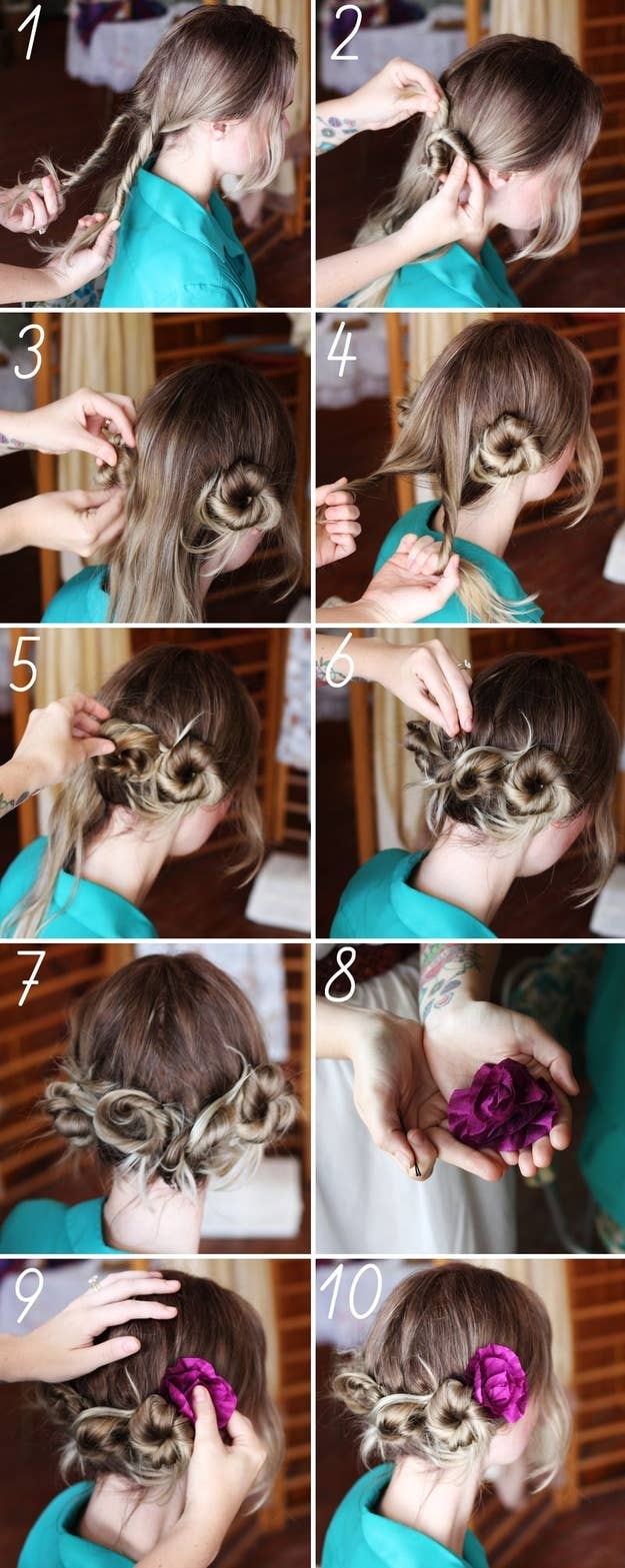You can stick all kinds of crazy things into this trio of buns, like flowers or little bows. This style is also a neat way to tame out-of-control curly hair. Get the directions here.