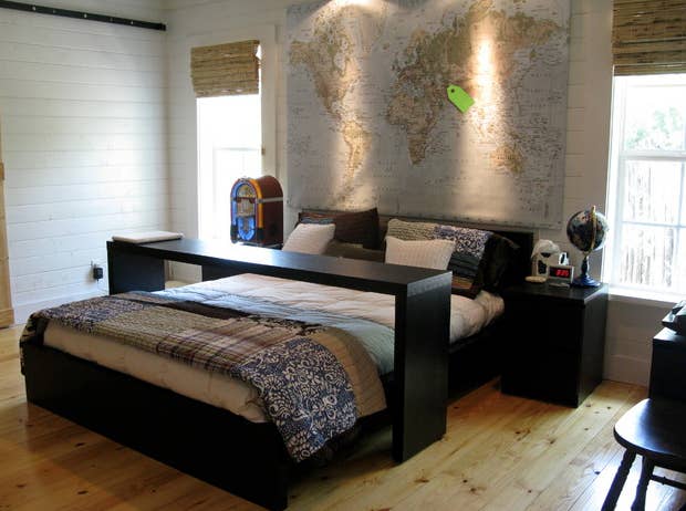 This bed console, originally from CB2, is sold out, but doesn't seem too difficult to make yourself.