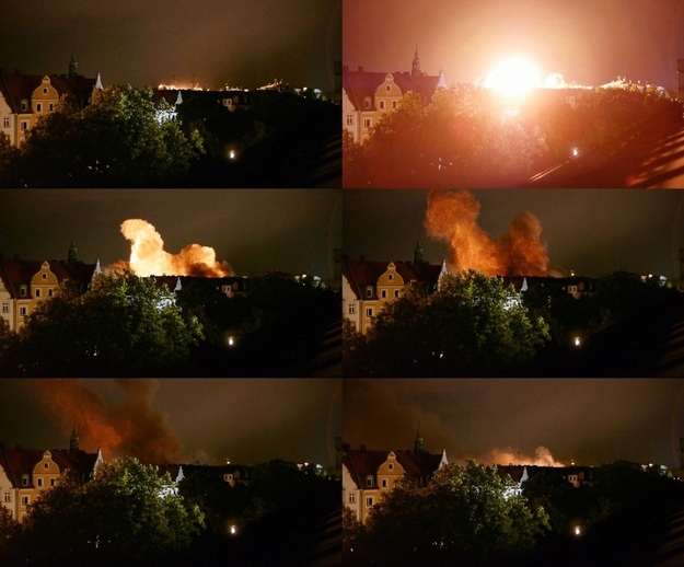 This combination photo taken from a video shows the controlled detonation of the remains of a 550-pound World War II bomb in central Munich, Tuesday, Aug. 28, 2012.