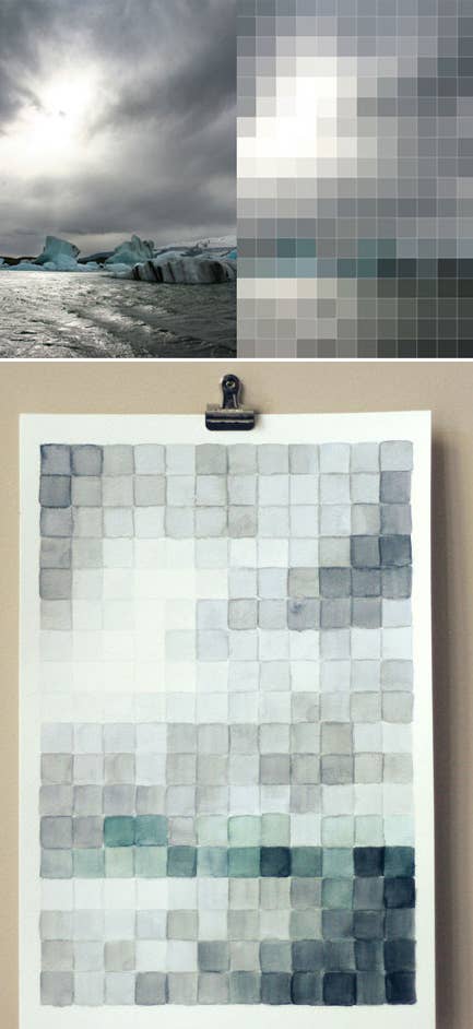 Amanda Wright of the blog Wit and Whistle turned a photograph she took in Iceland into a watercolor pixel painting.