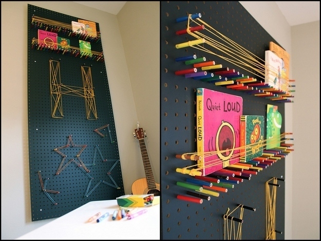 Create a pegboard using colored pencils and string.