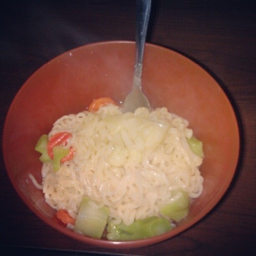 55¢ ramen + frozen vegetables = fusion cuisine.