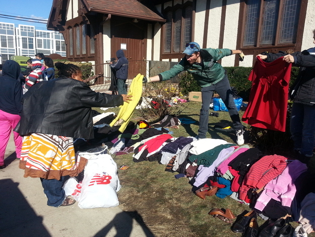 Donated clothes being distributed in Far Rockaway, Queens.