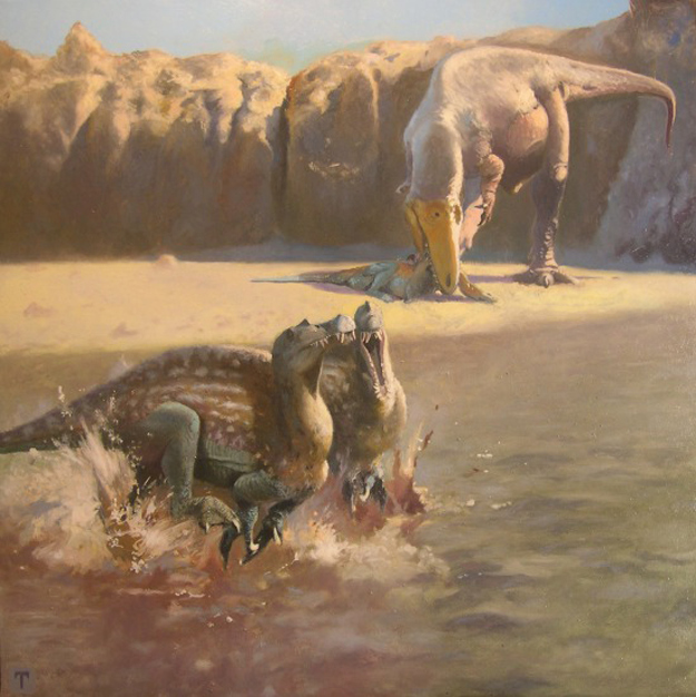 In this artist rendition, a Sauroniops pachytholus makes a meal out of a juvenile Spinosaurus.