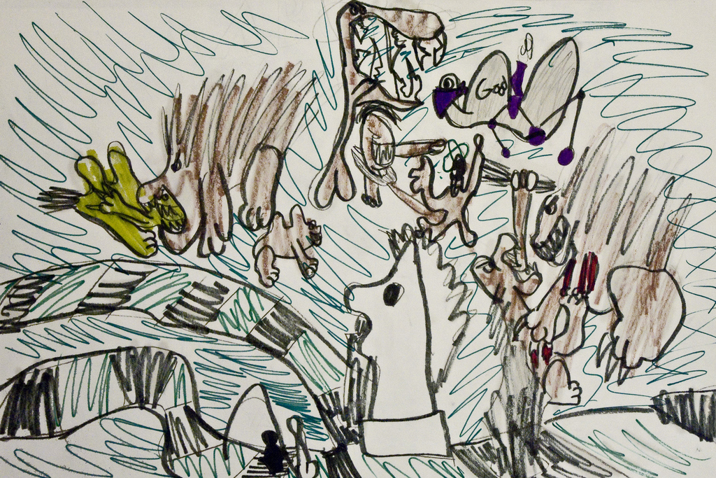 This is the back cover. Here we have, let's see:• a white chess piece knight on a checkered path of some kind• a bunch of hyenas (they had haunched shoulders and gangly hips in The Lion King, features which I depicted in a manner that makes them look the twin humps of Bactrian camels)• and a grey hyena who is A) apparently a good guy, or at least disguising himself as one, B) sporting a purple bandana and cape, and C) also maybe some sort of cyborg, with mechanical spider legs - and maybe that cape is actually an exhaust pipe?
