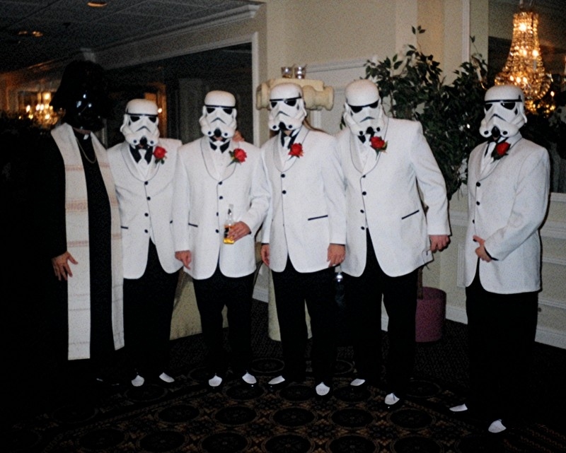 Create a show-stopping entrance with an army of Storm Troopers masquerading as groomsmen.