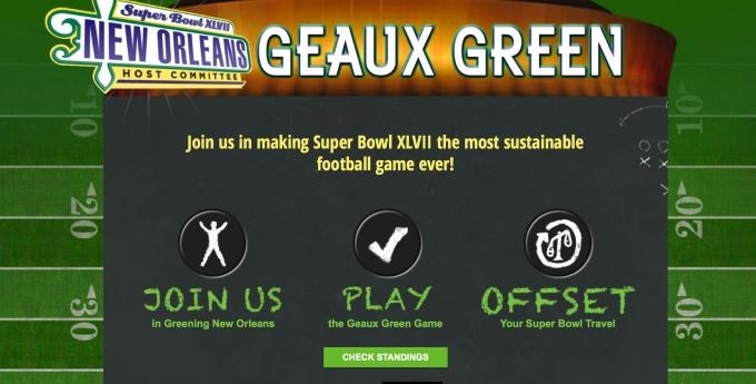 New Orleans Super Bowl Host Committee invites football fans to participate in Geaux Green games to save energy and reduce carbon emissions from the game between the 49ers and Ravens.