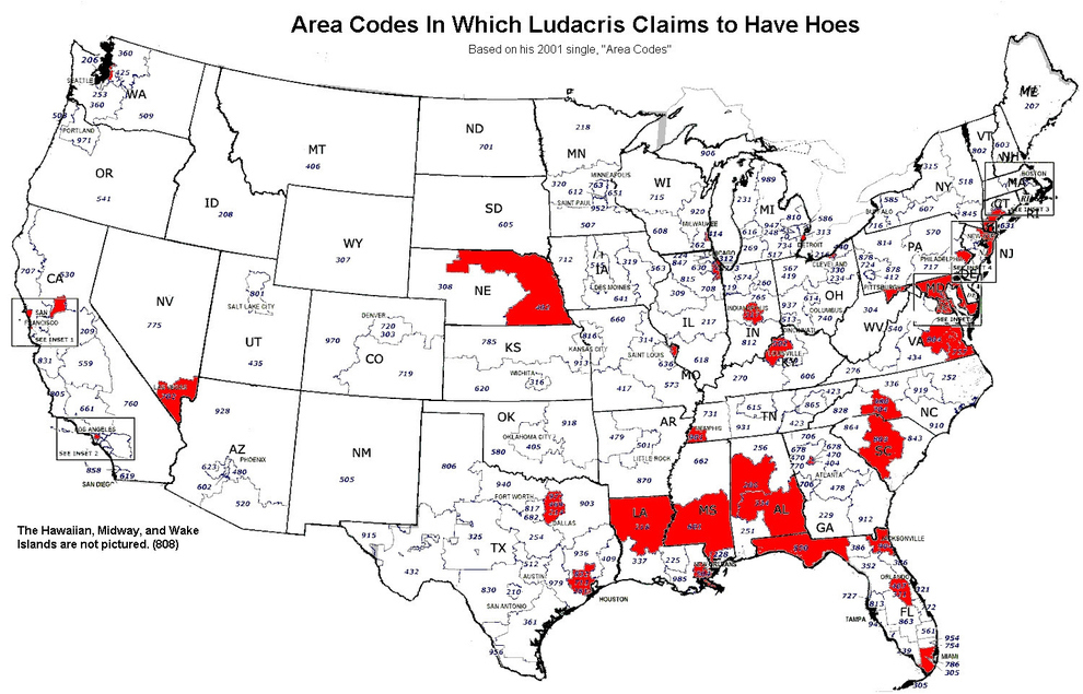 Este mapa muestra todos los códigos de área en los que Ludacris tiene "hoes":