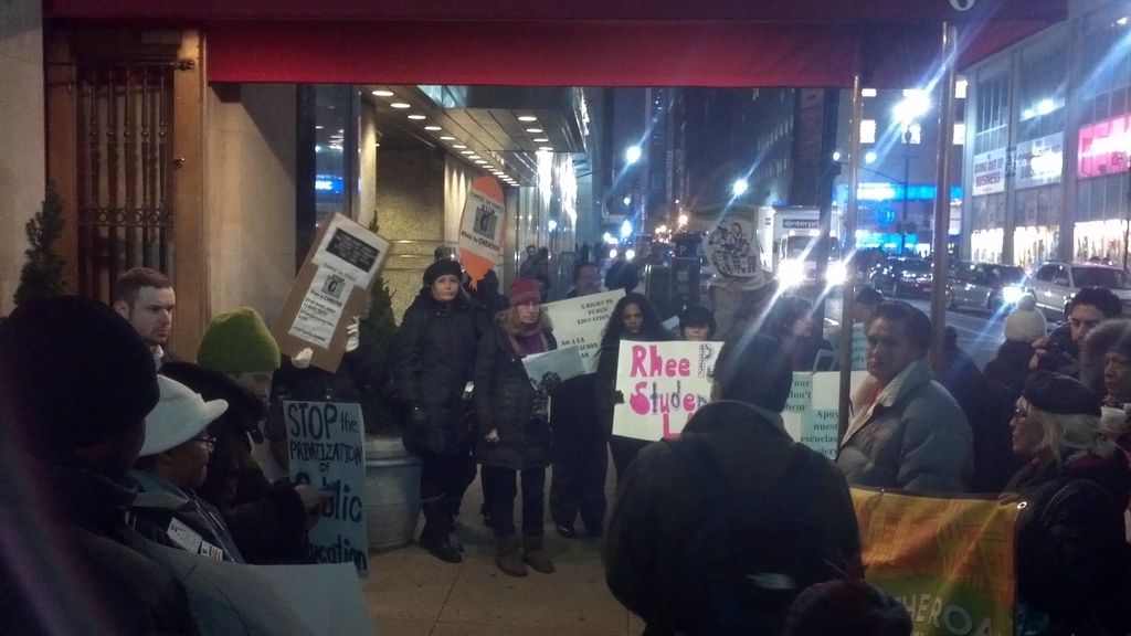 Outside the Cornell Club where Rhee spoke there was a protest of her "radical ideas."