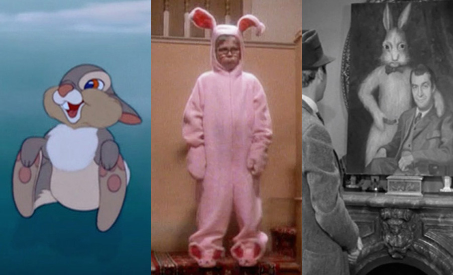 Typically relegated to sidekick status (or worse) on the big screen, the humble rabbit takes center stage here in this new supercut. Included are obvious selections from Bambi, A Christmas Story, and Harvey (pictured above from left to right), but the edit is carefully leavened with dark horse entries from the likes of Barbarella, Con Air, and Real Genius.