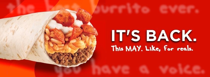 Taco Bell will bring back its limited-time Beefy Crunch Burrito, which is spiked with Flamin’ Hot Fritos corn chips, in May, the chain revealed Monday.The brand previewed the Beefy Crunch’s return in a Facebook post and Tweet on April 1 that simply showed a photo of the product alongside a bag of Fritos chips with the text, “Back this May. No joke.”Facebook Page: https://www.facebook.com/beefycrunchmovement