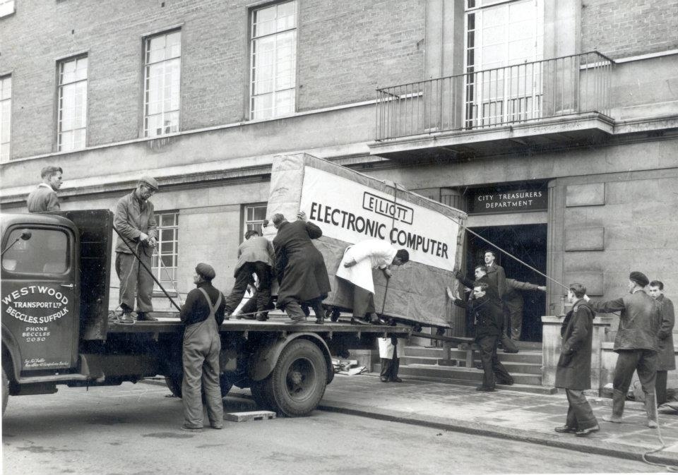 Norwich City Council’s first computer, being delivered to the City Treasurer’s Department in Norwich.Elliott Brothers was an early UK computer company.