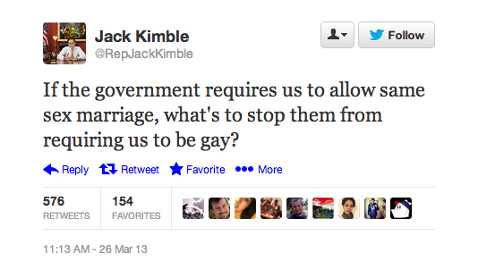 This realistic-enough looking tweet went viral the morning before the Proposition 8 ruling in California (even getting RT'd by a media outlet). Fortunately, Jack Kimble isn't a Congressman of the 54th district of California because parody twitter handles can't run for public office.