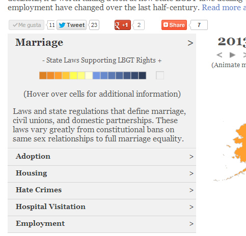 Finally, this sweet map shows MORE than just MARRIAGE related laws. It shows FIVE other Civil rights issues (Adoption rights, hate crime laws, hospital visitation rights, housing rights, and employment rights). The menu also shows the color meanings, which change for each different Right, and looks like this.
