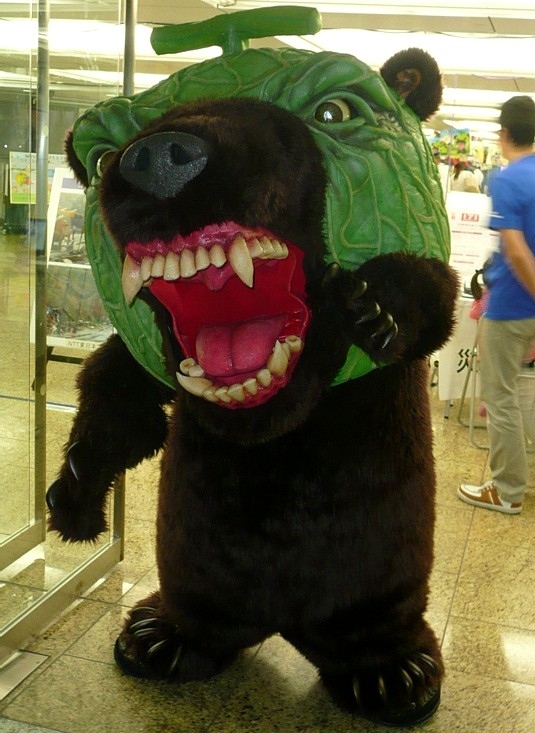 Melon Guma is easily the scariest town mascot ever created. I mean, what were they thinking when designing this mascot? Yubari's known for their delicious cantaloup melons and brown bear habitats. Sure, but they did not have to create such a horrific monster out of them. It'll give elderly heart attacks!