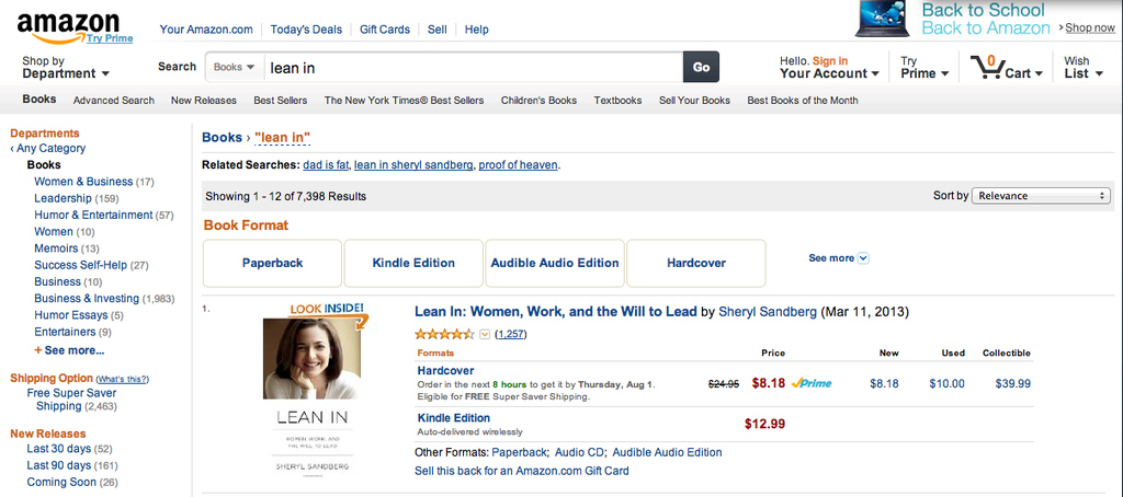 Screenshot of Amazon page for Sheryl Sandberg's book "Lean In."