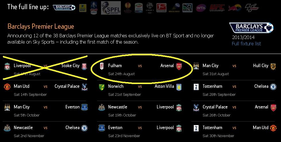 The next live match BT Sport are screening is Fulham vs. Arsenal on the 24th August, let's hope their mobile and tablet apps won't end up like Arsenal's first match of the season.