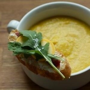 This soup, along with the country ham & goat cheese crostini is excellent as is. But we even like it chilled the next day, making it an excellent soup to take along for lunch.