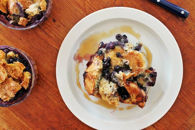 OK actually these are individual bread puddings laced with blueberries and I am not sorry for eating them in the morning. Recipe here.