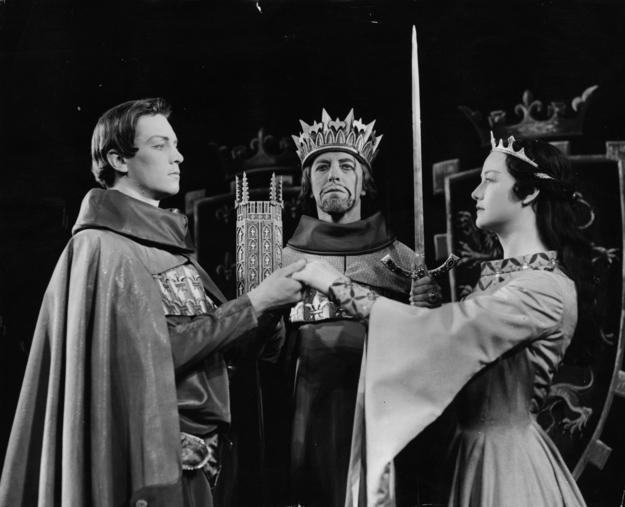 From left to right, Barry Warren, Clive Revill and Doreen Aris play the Dauphin, the King of France and Blanch, in Shakespeare's 'King John' at Stratford-on-Avon.