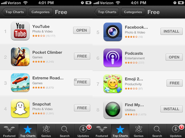 What's Going On Here: Apple's top apps lists are probably the least surprising of the group. Two of these aps are Apple's own, and one (YouTube) is a replacement for app that Apple recently removed. Facebook has rarely left the top ten list since it launched. What iOS has that others don't, though, is a burgeoning native games culture. Apps two and three are products of that: apps that will likely surface and fade away in a few days to a week, or maybe a month, but not before accumulating hundreds of thousands of users.