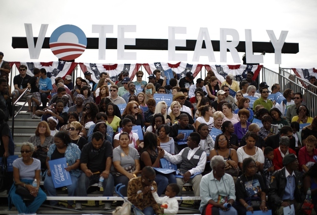 Supporters of U.S. President Barack Obama wait in the stands at a campaign rally in Las Vegas, Nevada, November 1, 2012.