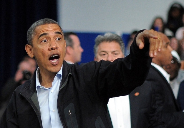 President Obama points at a supporter as he enter his event in Springfield, Ohio. (Getty images)