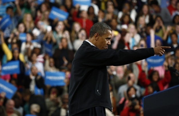 President Obama points at a supporter during his rally in Springfield, Ohio. (Reuters)