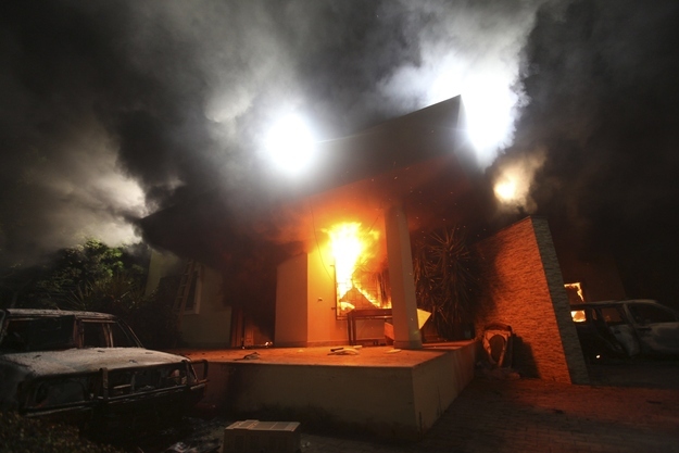 The U.S. Consulate in Benghazi is seen in flames on September 11, 2012.