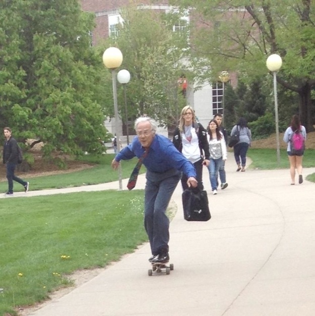 University of Nebraska classics professor, Tom Winter, is beloved for traversing campus by skateboard.