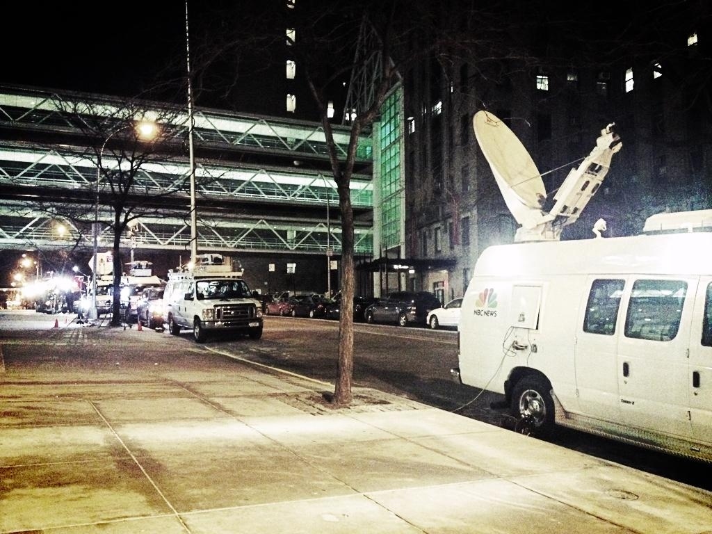 Satellite trucks set up outside New York Presbyterian's Milstein Hospital Building, where Secretary Clinton is receiving treatment for a blood clot on the 9th floor in a VIP wing.