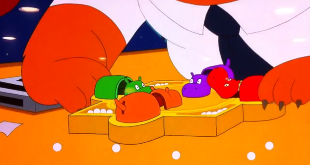 In one particular episode, The Cleveland Show's Bear character is seen playing the classic game, then debating whether it should be called "Hungry Hungry Hippos" or "Full of Themselves Full of Themselves Hippos" because "Hippos are real jerks."