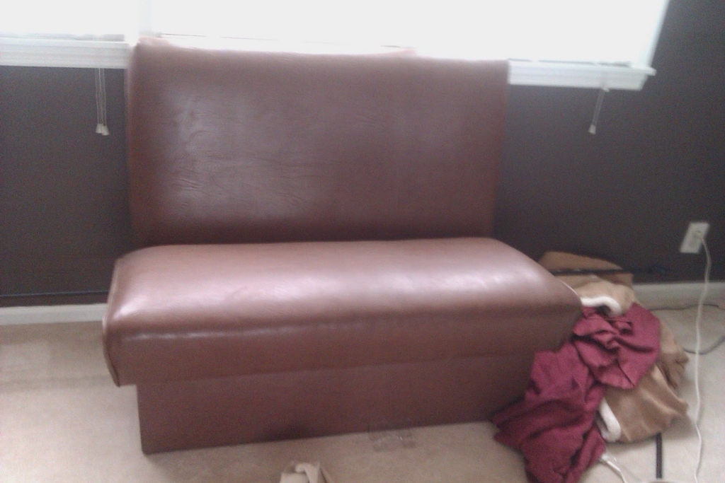 "Used dark pink color restaurant booths (about10) sitting in my garage"