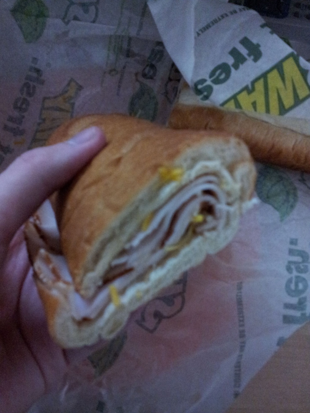and it's not the most appetizing looking sandwich in the world. You can see how much of it is empty space (and that's with the turkey folded to give the appearance of a fuller sandwich). In fact, I wonder how much empty space there is in Subway sandwiches...