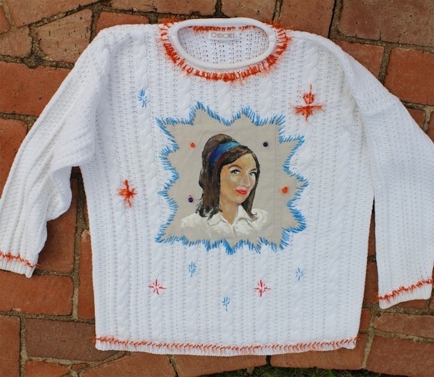 Crafter and Flo-fanatic Bobby Doran plans to annually embellish this knit ode to Flo. Oh, the possibilities.