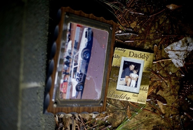 Family photos are seen inside a tornado shelter where residents ran from their homes to take cover.