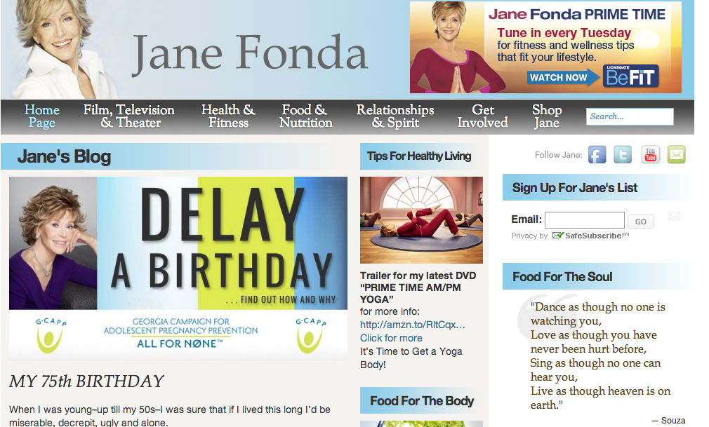 Basically exactly what you'd expect for a fitness guru, Jane Fonda's website makes her storied acting career a mere headline.