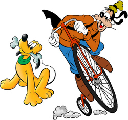 Here is a picture of Goofy riding a bike like a human, and Pluto eating a bone (a traditionally non-human food item).