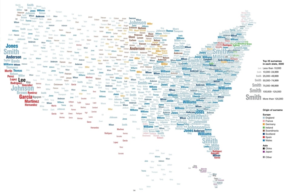 Un mapa de los apellidos más difundidos en Estados Unidos: