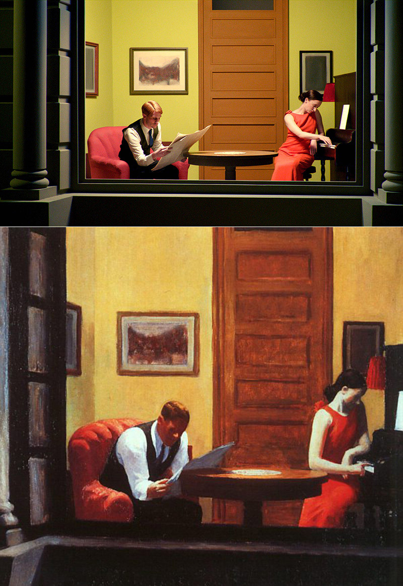A still from the film Shirley - Visions of Reality and Room In New York painted by Edward Hopper.