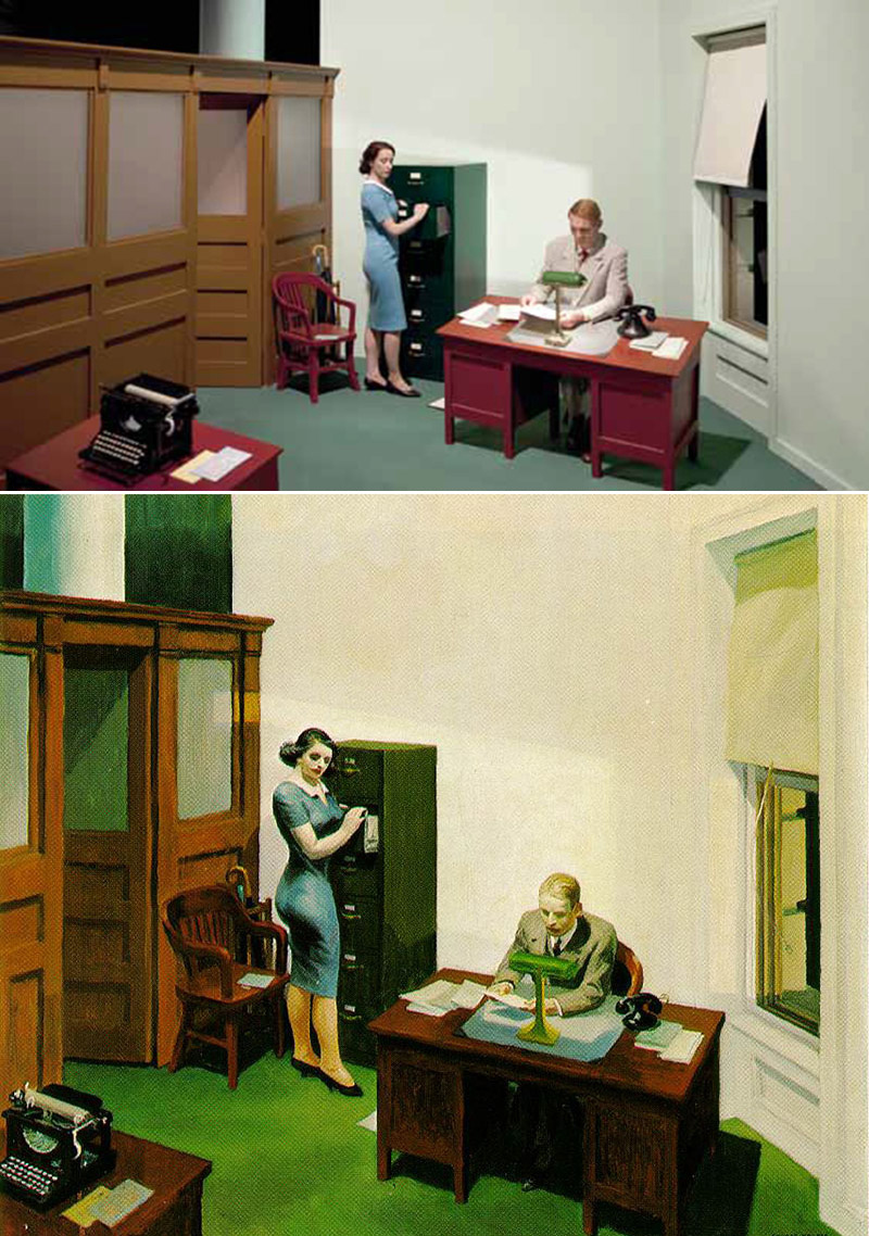 A still from the film Shirley - Visions of Reality and Office At Night painted by Edward Hopper.