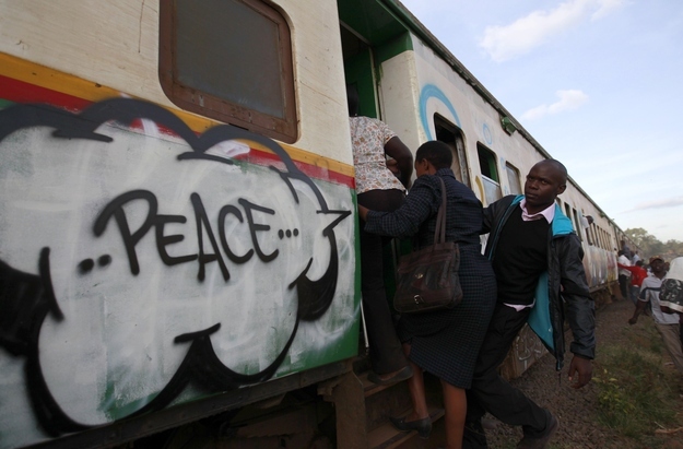 After the 2007 elections in Kenya, dissatisfied citizens ripped up railroad tracks to protest alleged election fraud. Now another election is coming, and Kenyans are again using trains to send political messages — this time, a message of peace. All photos below were taken February 25.