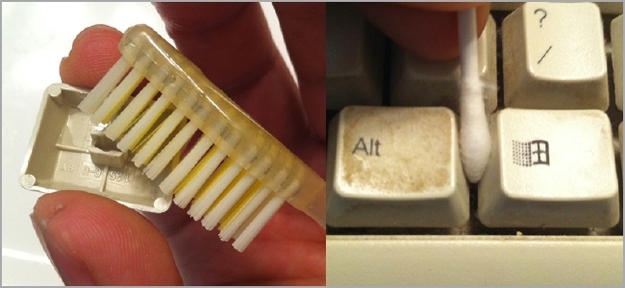 Get all the grossness out of your keyboard with a toothbrush and cotton swabs.