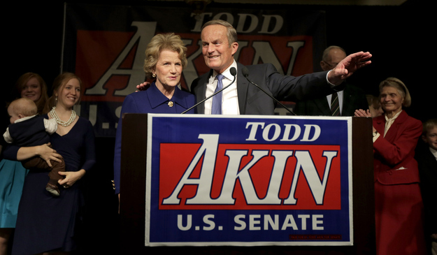 U.S. Senate candidate, Rep. Todd Akin, R-Mo., and his wife Lulli acknowledge supporters before Akin makes his concession speech to U.S. Sen. Claire McCaskill, D-Mo. Tuesday, Nov. 6, 2012, in Chesterfield, Mo.