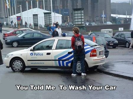 Also, his right hand must be placed on the vehicle. Emptying your bladder on a police car is not recommended, though.