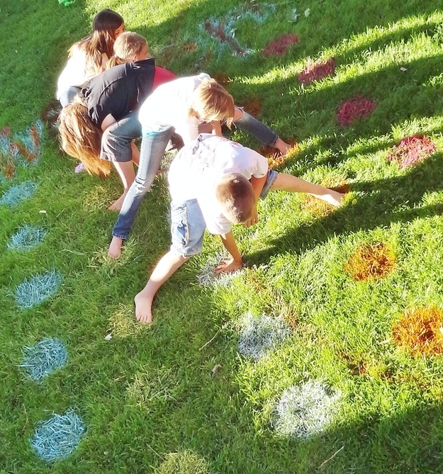 Spray-paint a lawn Twister game.