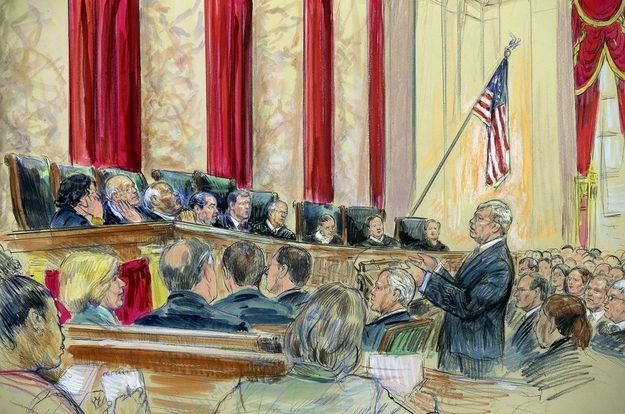 Attorney Theodore Olsen, right, representing the same-sex couples, addresses the Supreme Court in Washington, Tuesday, March 26, 2013. Justices, from left are, Sonia Sotomayor, Stephen Breyer, Clarence Thomas, Antonin Scalia, Chief Justice John Roberts, and Justices Anthony Kennedy, Ruth Bader Ginsburg, Samuel Alito and Elena Kagan.