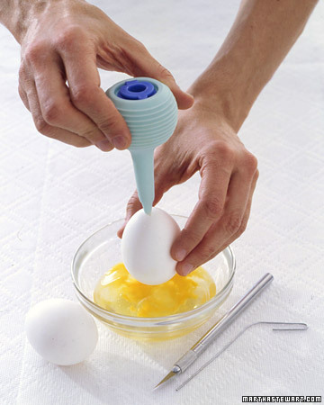 Use a (clean) rubber ear syringe to blow out egg contents.