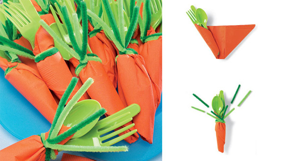 For an easy place setting, wrap utensils in orange napkins and fasten with a green pipe cleaner.