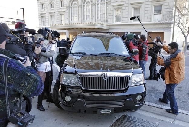 Casey Anthony's vehicle is surrounded by the media as she arrives at the United States Courthouse for a bankruptcy hearing Monday, March 4, 2013, in Tampa, Fla. Anthony has not been seen in public since being acquitted in 2011 of murdering her two-year-old daughter Caylee.
